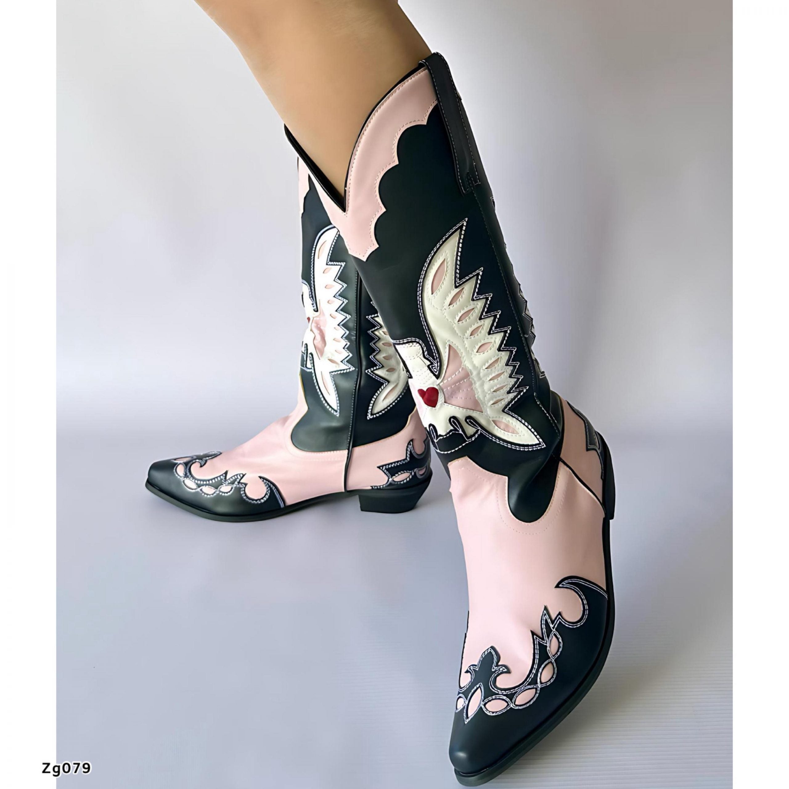 Bota texana negro detalles rosado tacon 3cm BOT012C C-1